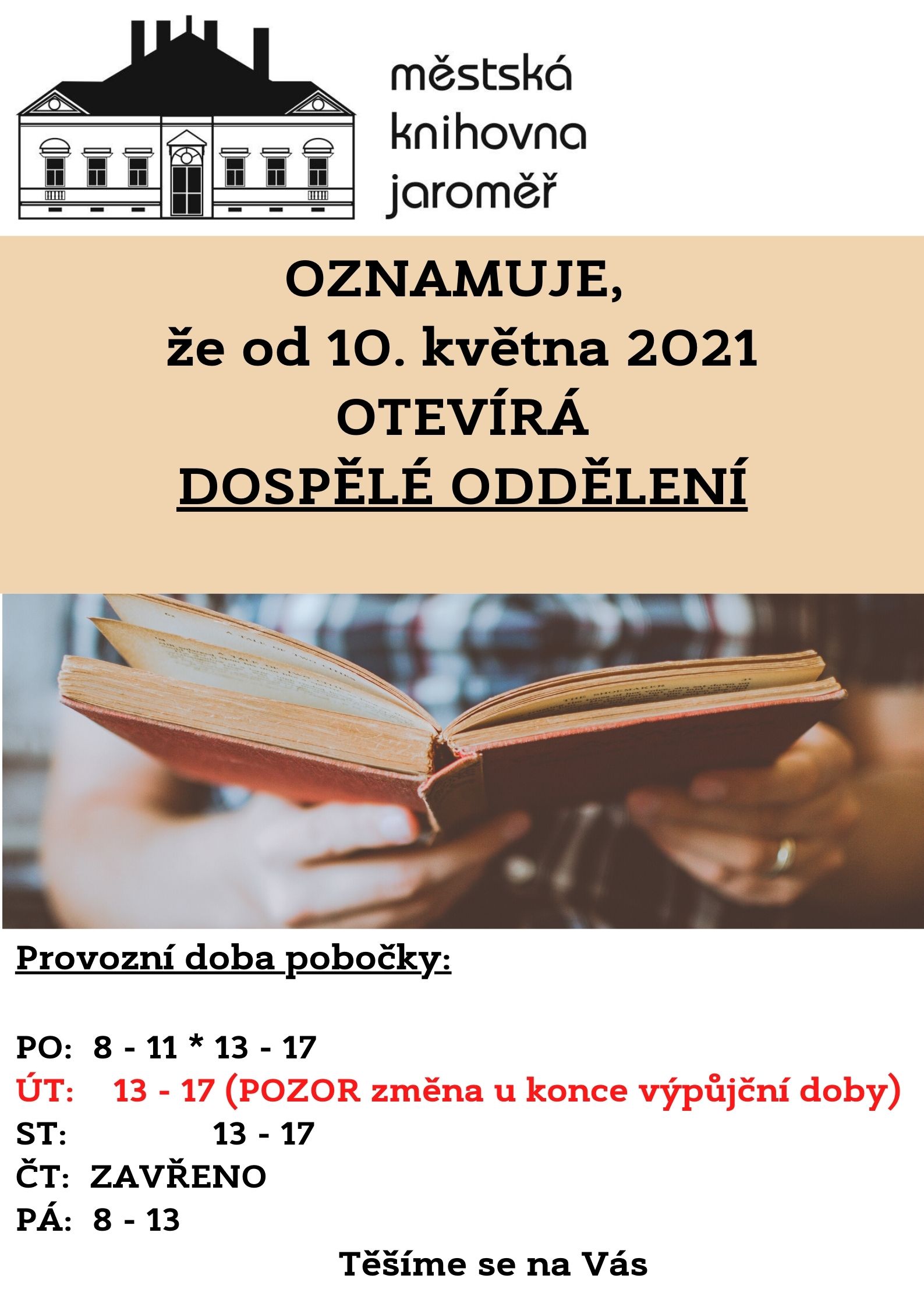 OZNÁMENÍ – OTEVŘENÍ DOSPĚLÉHO ODDĚLENÍ